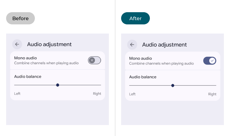 The Audio adjustment settings with Mono audio disabled and enabled